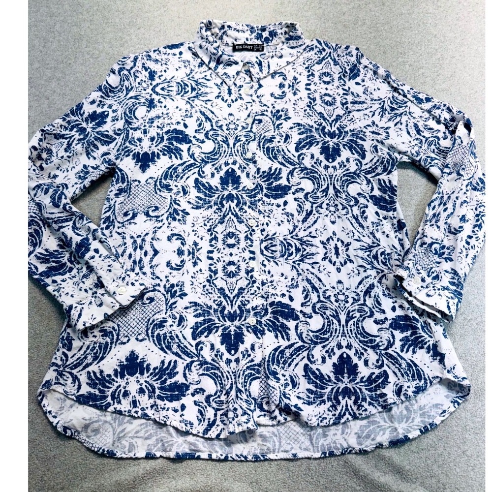 Big Dart Button Down Blouse Womens UK 16 Blue Damask Baroque Long Sleeve Chic